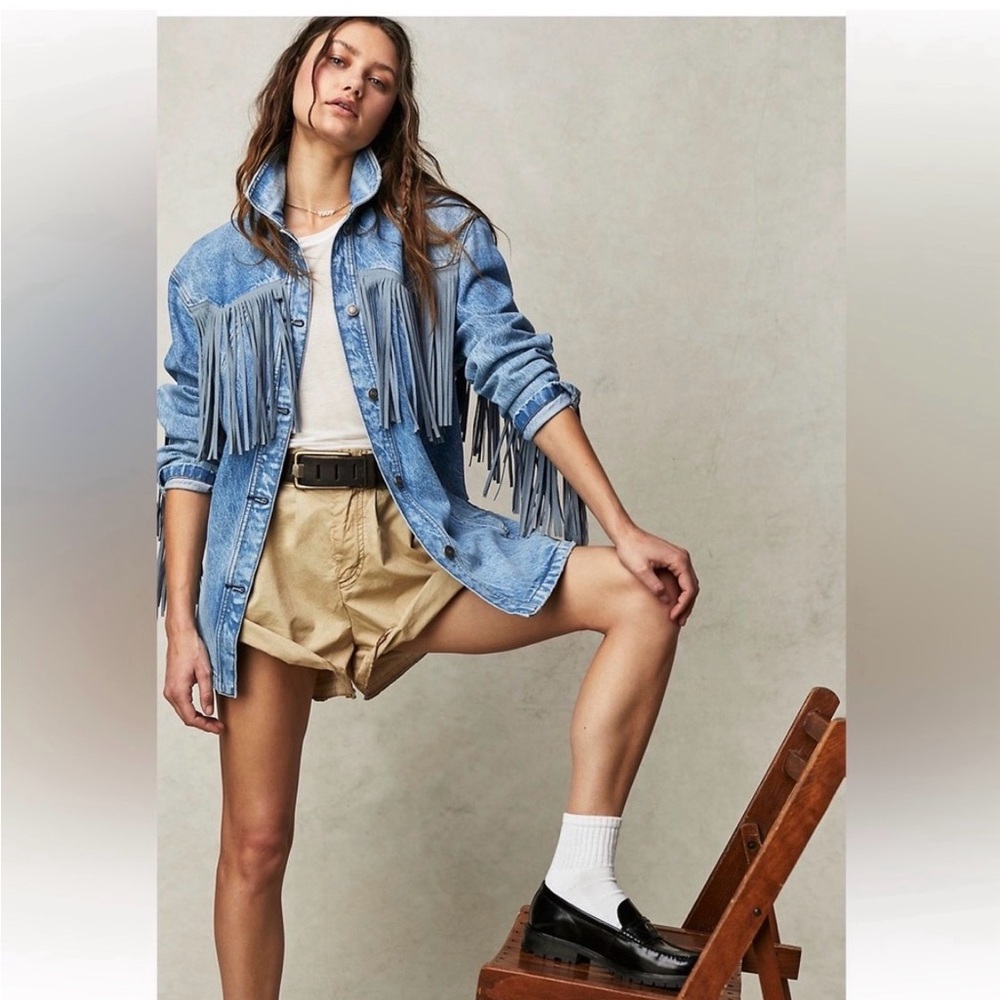 NWT Free People Rodeo Western  Fringe Out Denim Jacket Length L